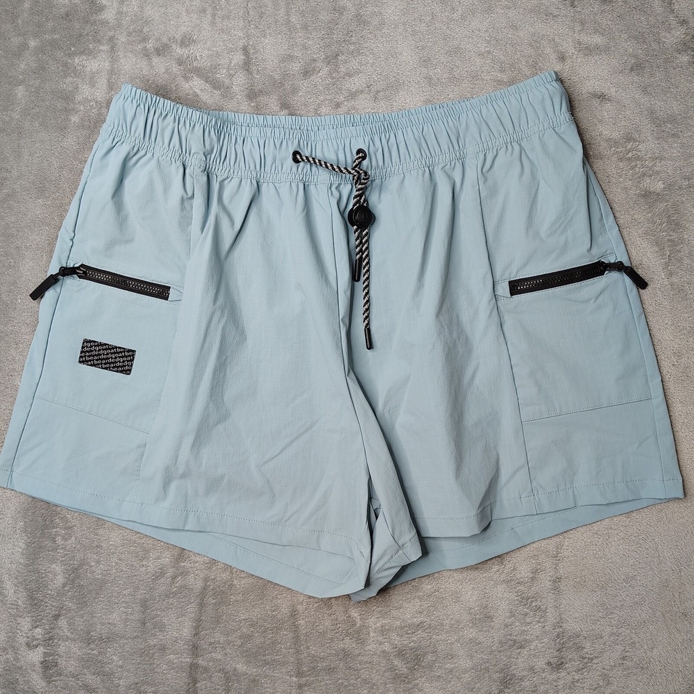 Bearded Goat Ripstop Utility Shorts Mens XL Light Blue Zipper Pockets Drawstring
